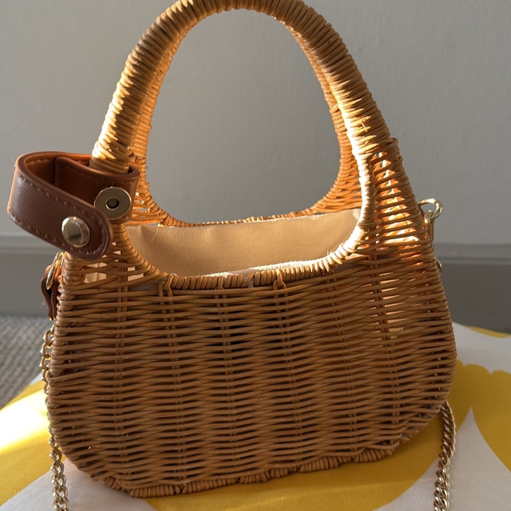 Tuckernuck Wicker Mini Bag with Brown Leather Trim and Gold Chain - Picture 9 of 12